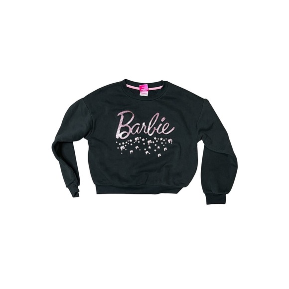 Barbie Other - Barbie Girls Black Glitter Logo Sweatshirt Pink Stars Fleece Pullover Size 7/8